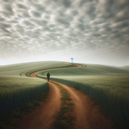 A person walking away on a path towards a distant hilltop cross, Ai generated image