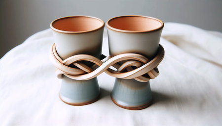 A set of clay wedding cups with interlocking handles, Ai generated imageの写真素材