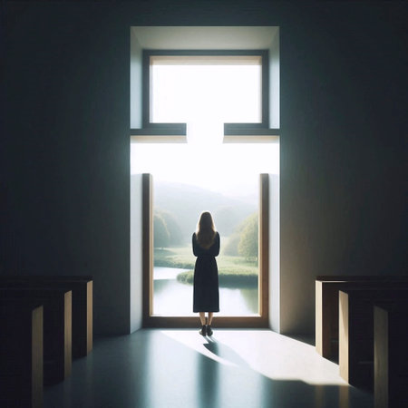 A cross-shaped window with a figure looking out, seen from inside, Ai generated imageの写真素材