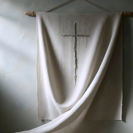 A zen boho linen wall hanging with a minimalist cross, Ai generated imageの写真素材