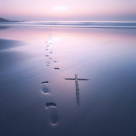A simple cross drawn in the sand with footprints leading away, Ai generated imageの写真素材