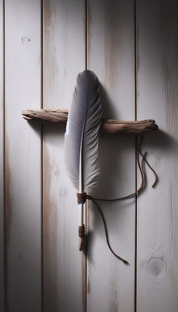 A feather tied with a leather cord to a piece of driftwood, Ai generated imageの写真素材