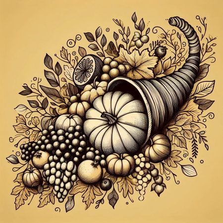 A cornucopia illustration with fruits and a hidden cross shape, Ai generated image