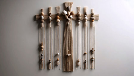 A woven wall hanging with symbolic beads for each family member, Ai generated image