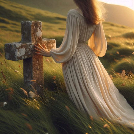 A figure from behind touching a weathered stone cross in a field, Ai generated image