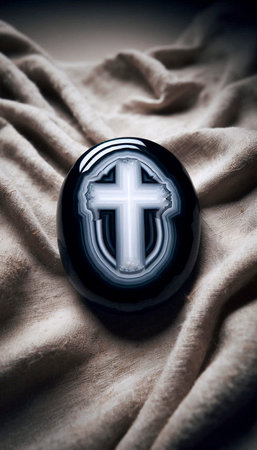 A black agate slice with a white natural cross formation, Ai generated image