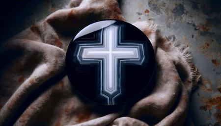 A black agate slice with a white natural cross formation, AI generated image