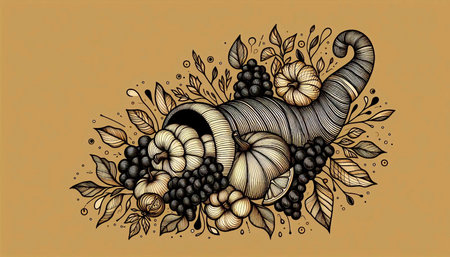 A cornucopia illustration with fruits and a hidden cross shape, Ai generated image