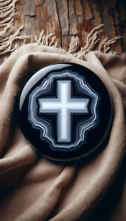 A black agate slice with a white natural cross formation