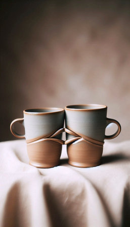 A set of clay wedding cups with interlocking handles, Ai generated image