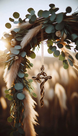 A wedding arbor decor with eucalyptus, dried flowers, and a cross pendant, Ai generated imageの写真素材