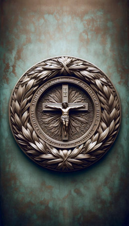 A Chi Rho monogram in a wreath of wildflowers, grisaille and gold, Ai generated imageの写真素材