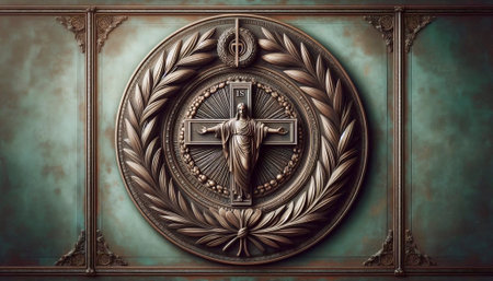 A Chi Rho monogram in a wreath of wildflowers, grisaille and goldの写真素材