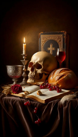A vanitas sacra still life with skull and Eucharist, Ai generated imageの写真素材