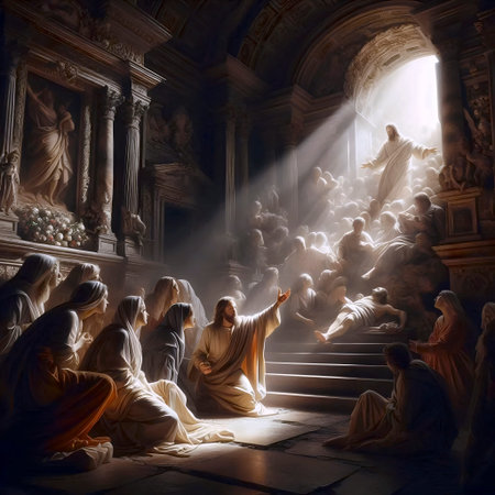 The resurrection of Lazarus in a crypt interior, Ai generated image