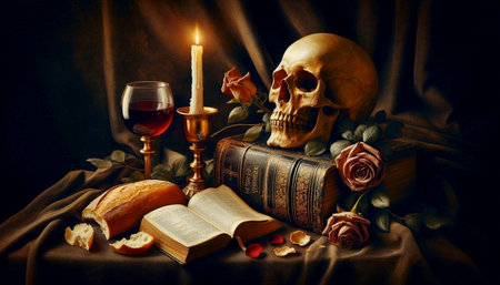 A vanitas sacra still life with skull and Eucharist, Ai generated imageの写真素材
