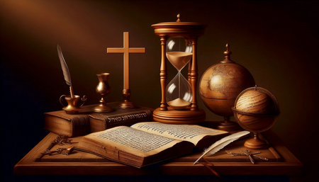 A still life with an hourglass, cross, and open book, Ai generated image
