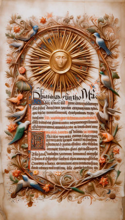 A fragment of Psalm with gold leaf illumination, Ai generated image