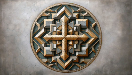 A golden cross within a geometric mandala, old world palette, Ai generated image