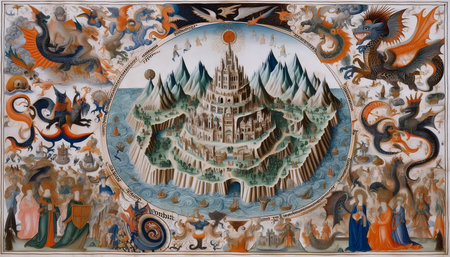A medieval map of the Holy Land with mystical creatures, Ai generated image