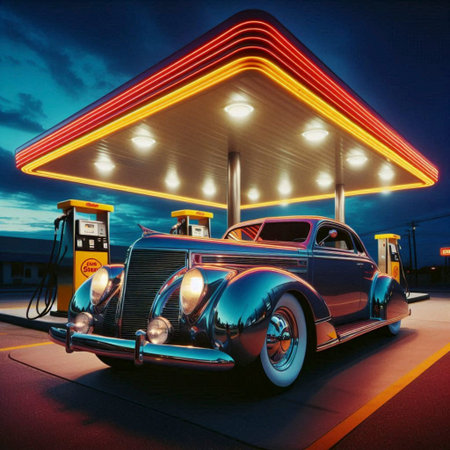 A turquoise 1957 Bel Air parked at a vintage gas station with glowing neon signs, Ai generated image