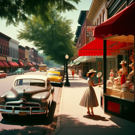 A bustling scene on Main Street USA, with couples in 1950s fashion window shopping under striped...