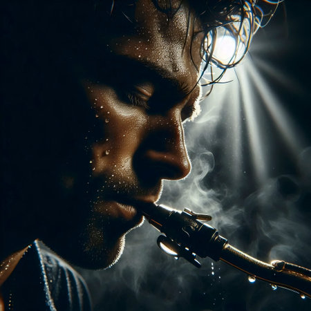 An intense close-up portrait of an aging jazz saxophonist, lost in the music during a club solo, Ai...