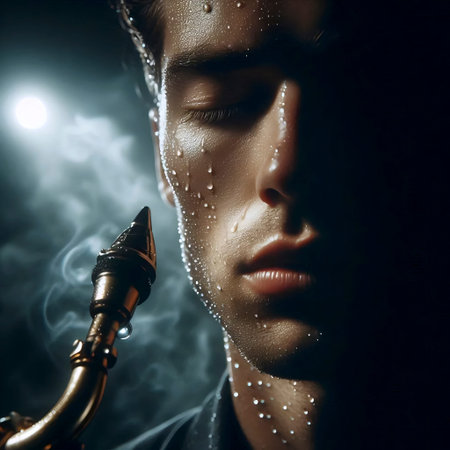 An intense close-up portrait of an aging jazz saxophonist, lost in the music during a club solo, Ai...