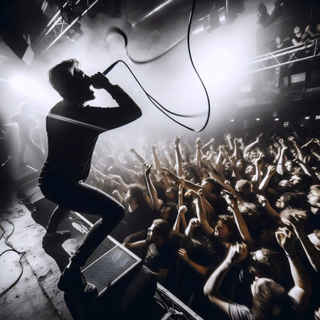 A dynamic, grainy shot of a punk rock concert, capturing a musician mid-leap and the blurred crowd,...