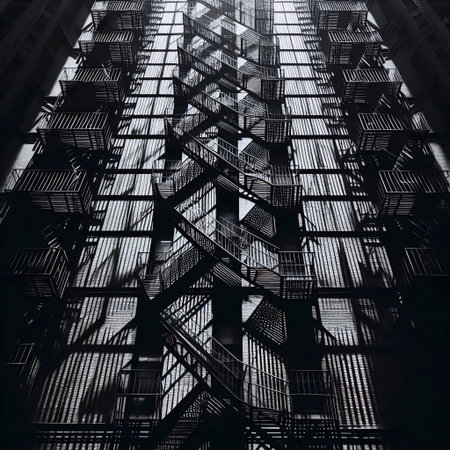 Abstract geometric patterns of shadows cast by a fire escape on a stark brick wall, Ai generated...
