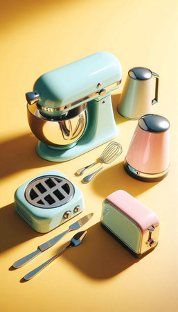 A collection of pastel-colored kitchen appliances arranged on a yellow countertop, Ai generated...