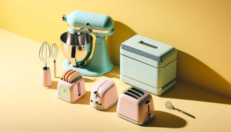 A collection of pastel-colored kitchen appliances arranged on a yellow countertop, Ai generated...