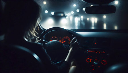 A cinematic still of a womans hand resting on a steering wheel, her face in shadow, watching rain...