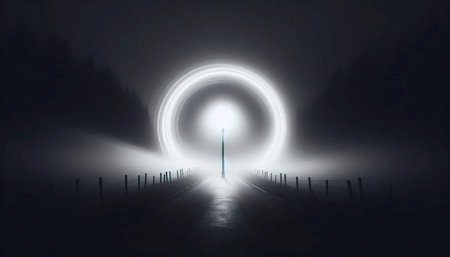 A lone streetlamp illuminating a swirling patch of fog on an empty country road at night, Ai...