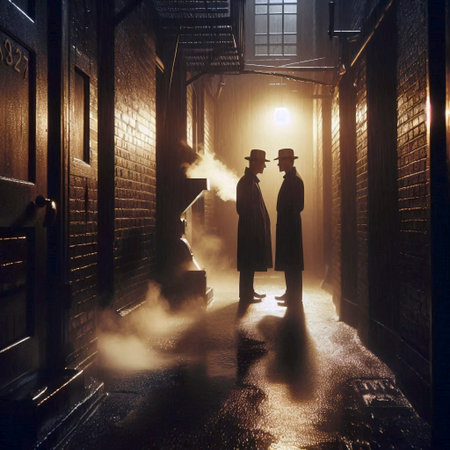 A secretive conversation between two men in hats, their faces obscured, under the awning of a wet...