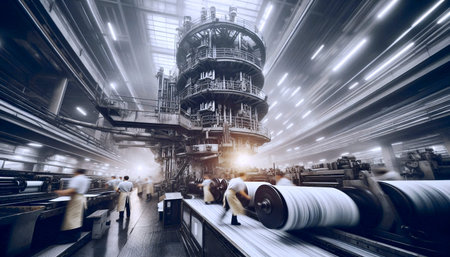 The chaotic yet organized interior of an old-fashioned newspaper printing press room in full operation, Ai generated imageの写真素材