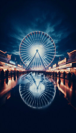 A vibrant evening scene at a county fair, with the ferris wheel lights reflected in a puddle, Ai...