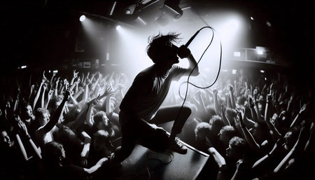 A dynamic, grainy shot of a punk rock concert, capturing a musician mid-leap and the blurred crowd,...