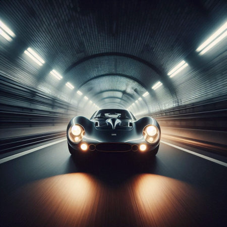 A dramatic, low-angle shot of a classic car speeding through a tunnel, its headlights cutting the...