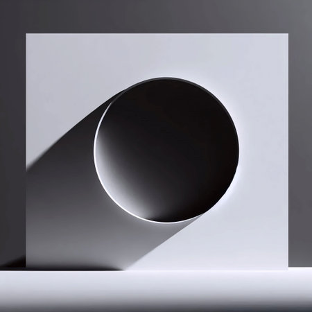 A single, perfectly round porthole window in a curved white wall, casting a crisp circular shadow,...