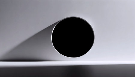 A single, perfectly round porthole window in a curved white wall, casting a crisp circular shadow, Ai generated imageの写真素材