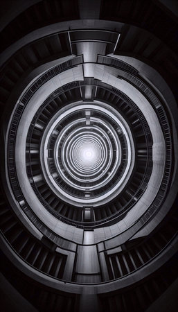Symmetrical shot of a spiral staircase viewed from directly below, forming a perfect geometric...