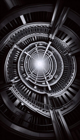 Symmetrical shot of a spiral staircase viewed from directly below, forming a perfect geometric...