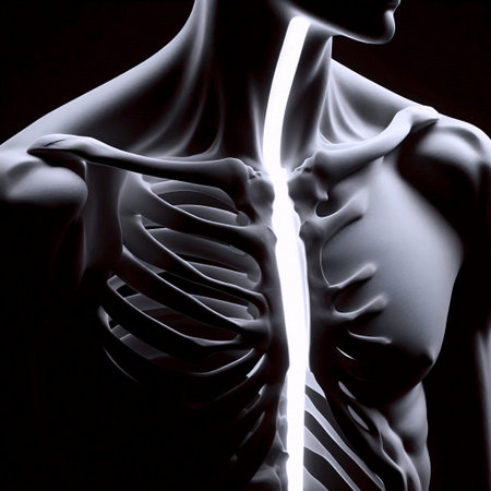 Abstract nude study of a shoulder and collarbone, lit by a single razor-thin slit of light, Ai generated imageの写真素材