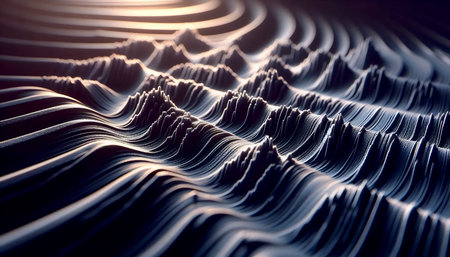 Extreme detail of a vinyl record groove under a macro lens, resembling a topographic landscape, Ai...
