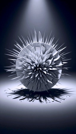 Still life of a shattered porcelain plate, the fragments arranged in an ordered explosion on a gray background, Ai generated imageの写真素材