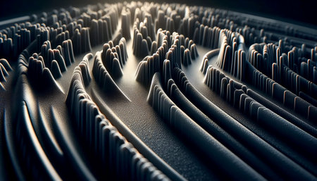 Extreme detail of a vinyl record groove under a macro lens, resembling a topographic landscape, Ai...