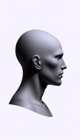 High-contrast portrait of a person with a completely shaved head, emphasizing the shape of the skull...