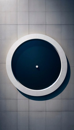 The interior of a perfectly circular, minimalist concrete fountain, looking down into the black waterの写真素材