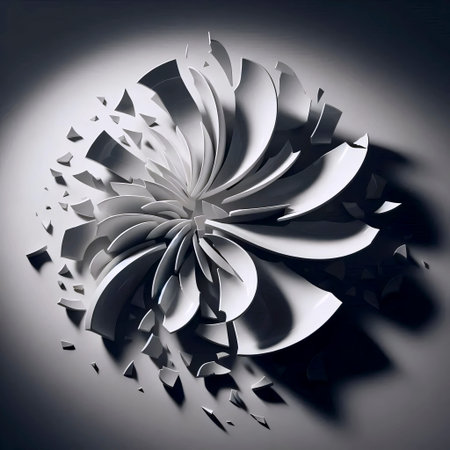 Still life of a shattered porcelain plate, the fragments arranged in an ordered explosion on a gray...
